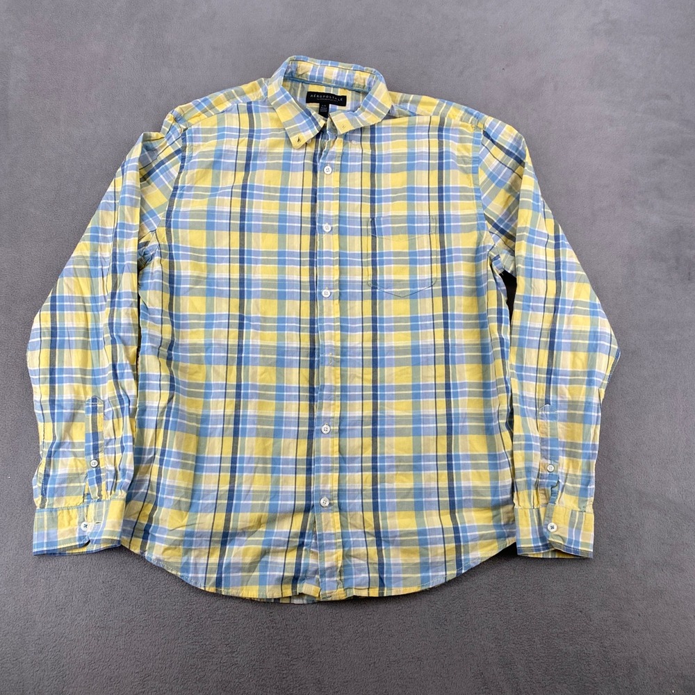 Aeropostale Mens Large Yellow Blue Plaid Cotton Long Sleeve Button Down Shirt
